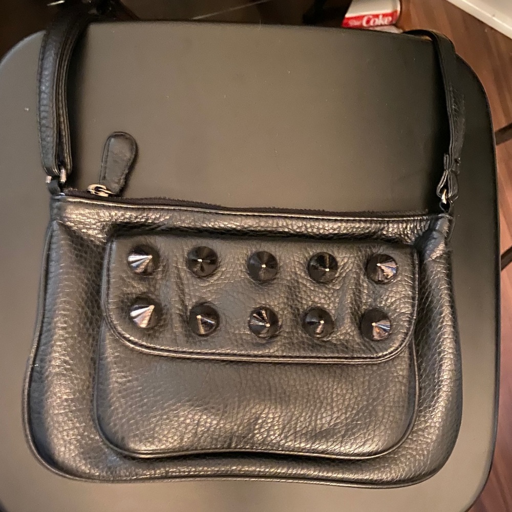 Black Leather Crossbody Bag with Spikes